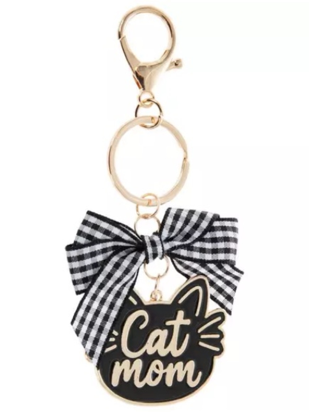 New Cat Mom Black & Gold Keychain with Gingham Bow Bag Charm